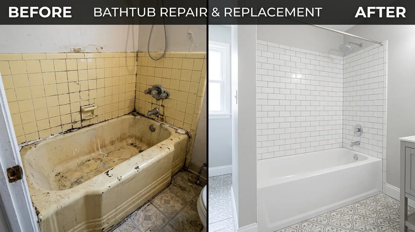 Bathtub Repair & Replacement Before and After - Bonita Wood Plumbing Lakewood CO