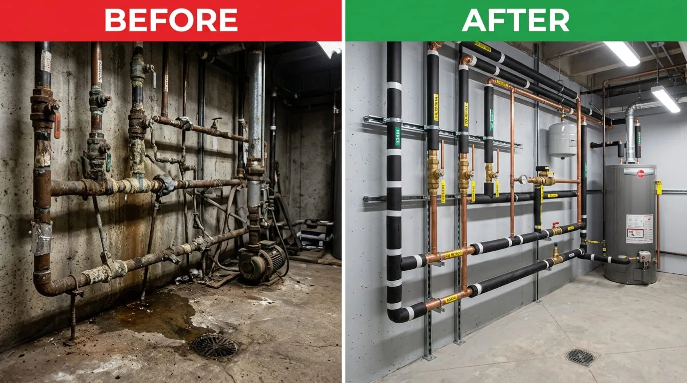 Commercial Pipe Repiping and Replacement Before and After - Bonita Wood Plumbing Lakewood CO