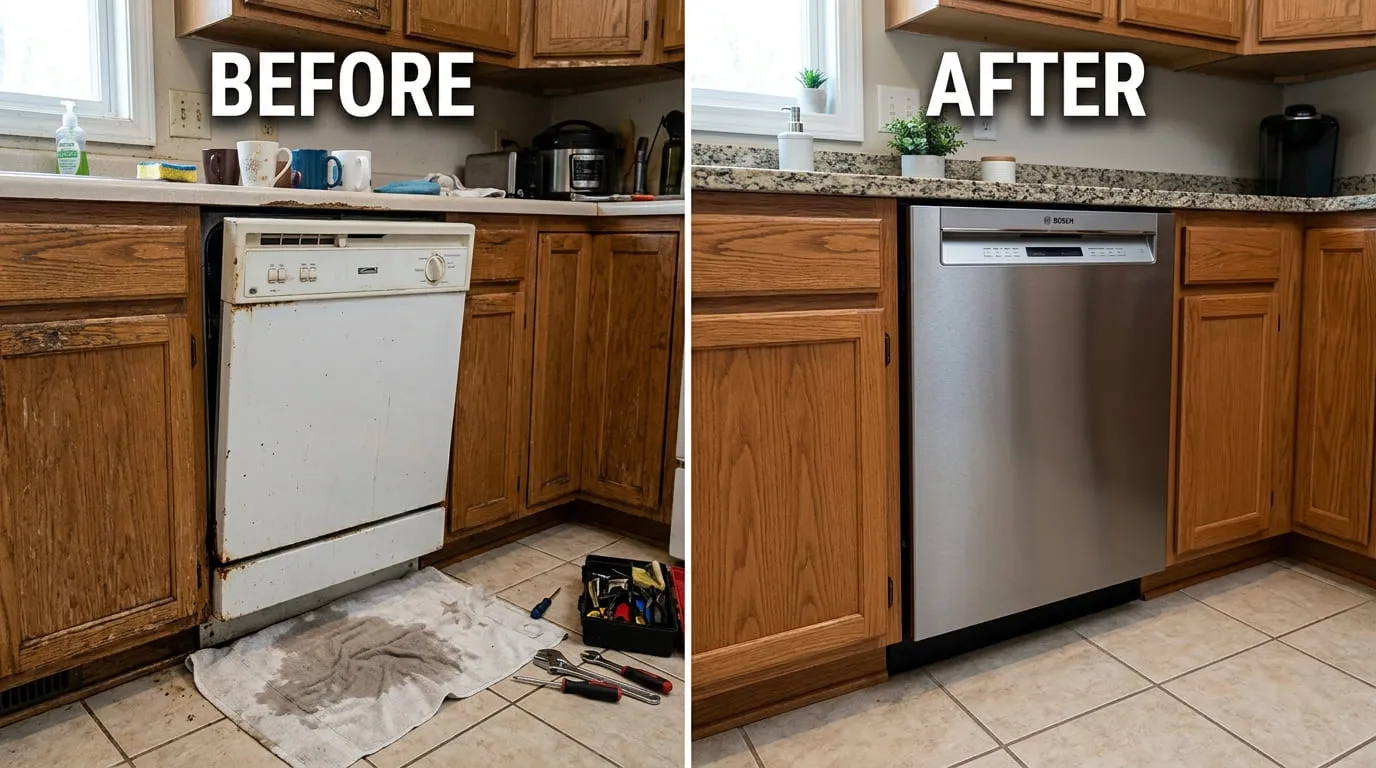 Dishwasher Repair & Replacement Before and After - Bonita Wood Plumbing Lakewood CO