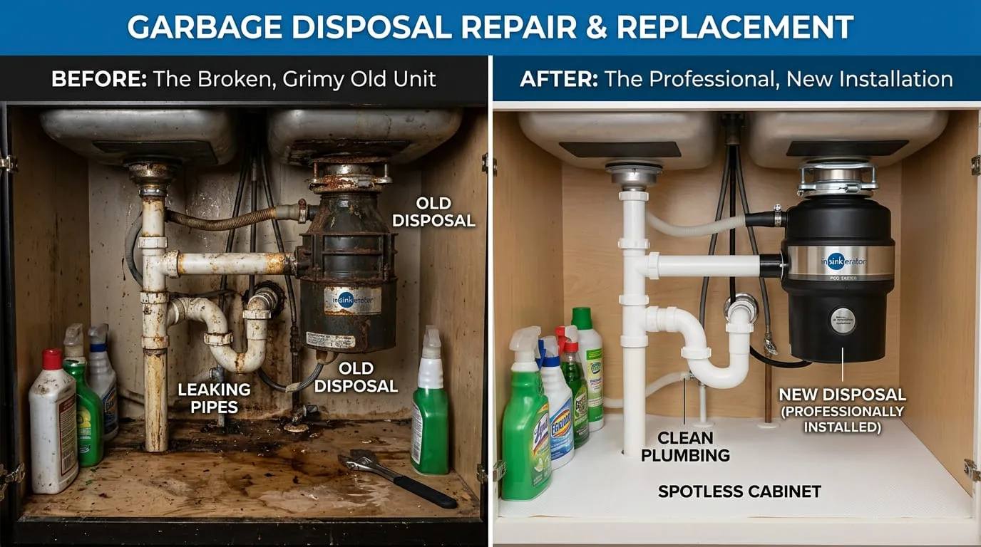 Garbage Disposal Repair and Replacement Before and After - Bonita Wood Plumbing Lakewood CO