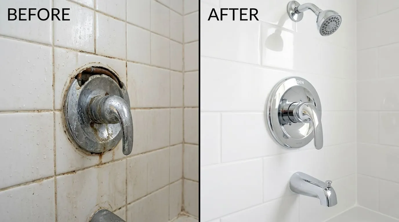 Shower Valve Repair & Replacement Before and After - Bonita Wood Plumbing Lakewood CO