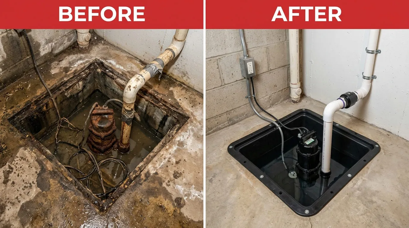 Sump Pump Repair & Replacement Before and After - Bonita Wood Plumbing Lakewood CO