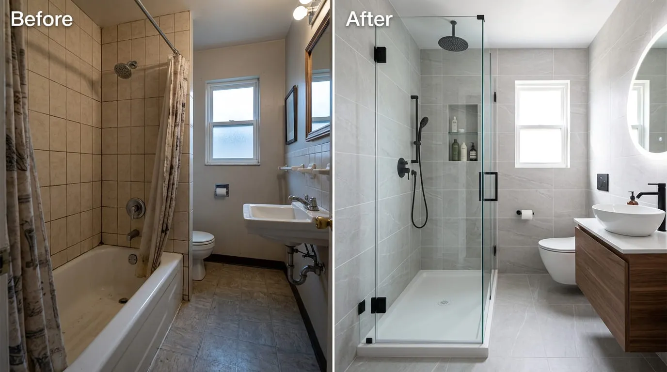 Tub-to-Shower Conversion Before and After - Bonita Wood Plumbing Lakewood CO