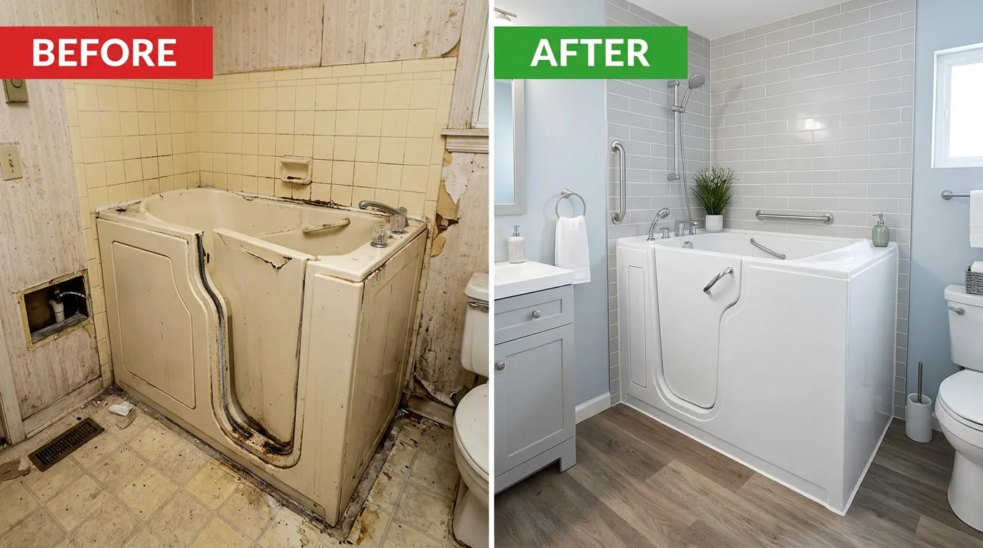 Walk-In Tub Replacement Before and After - Bonita Wood Plumbing Lakewood CO