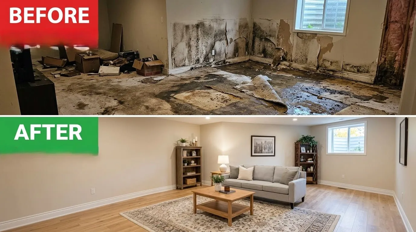 Water Damage Restoration Before and After - Bonita Wood Plumbing Lakewood CO