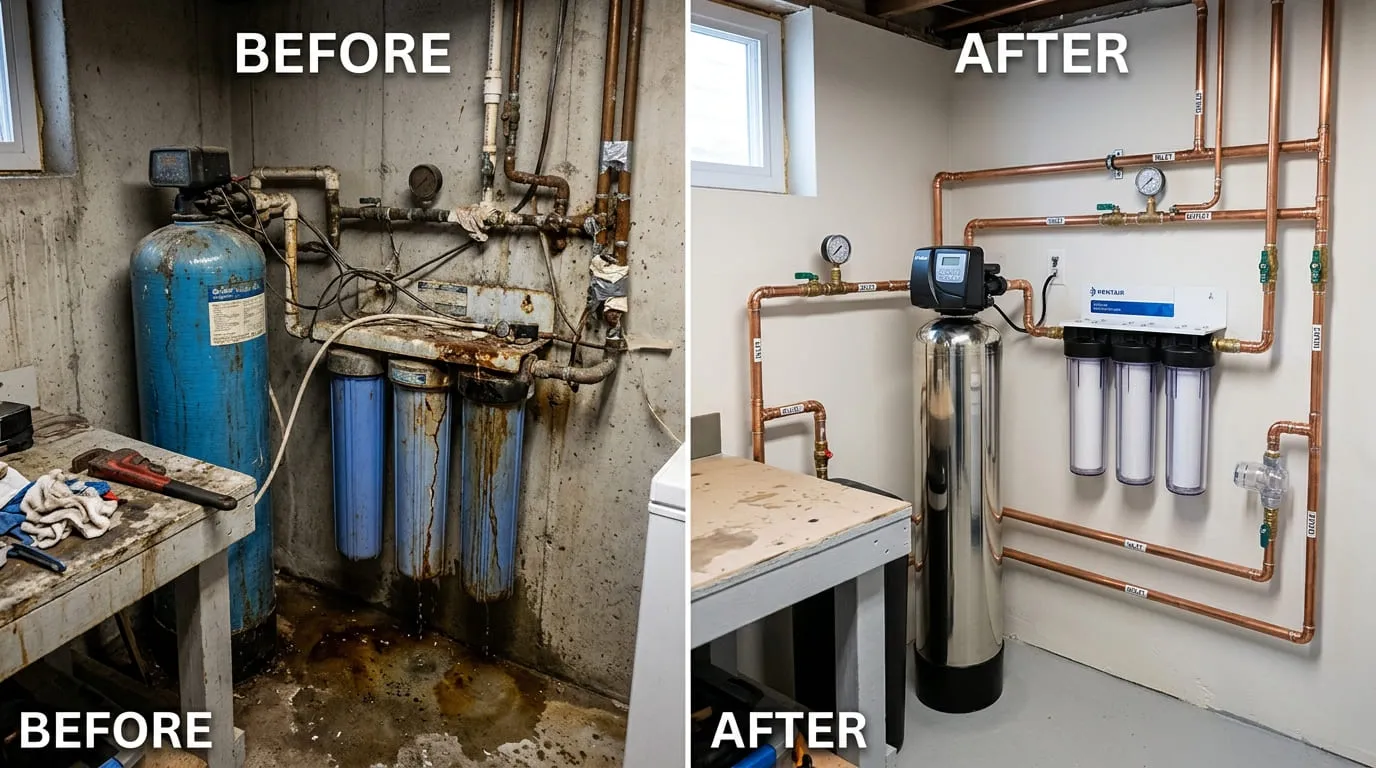 Water Filtration System Replacement Before and After - Bonita Wood Plumbing Lakewood CO