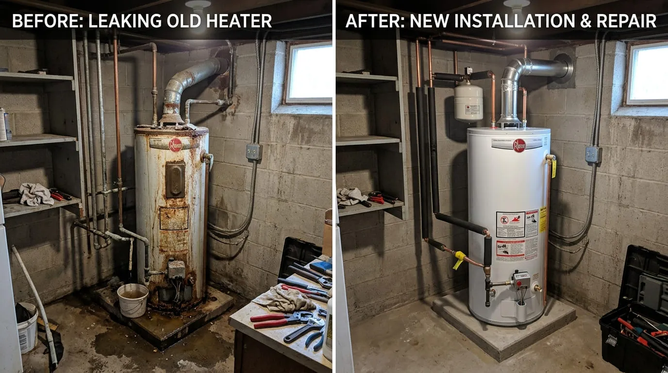 Water Heater Repair and Replacement Before and After - Bonita Wood Plumbing Lakewood CO