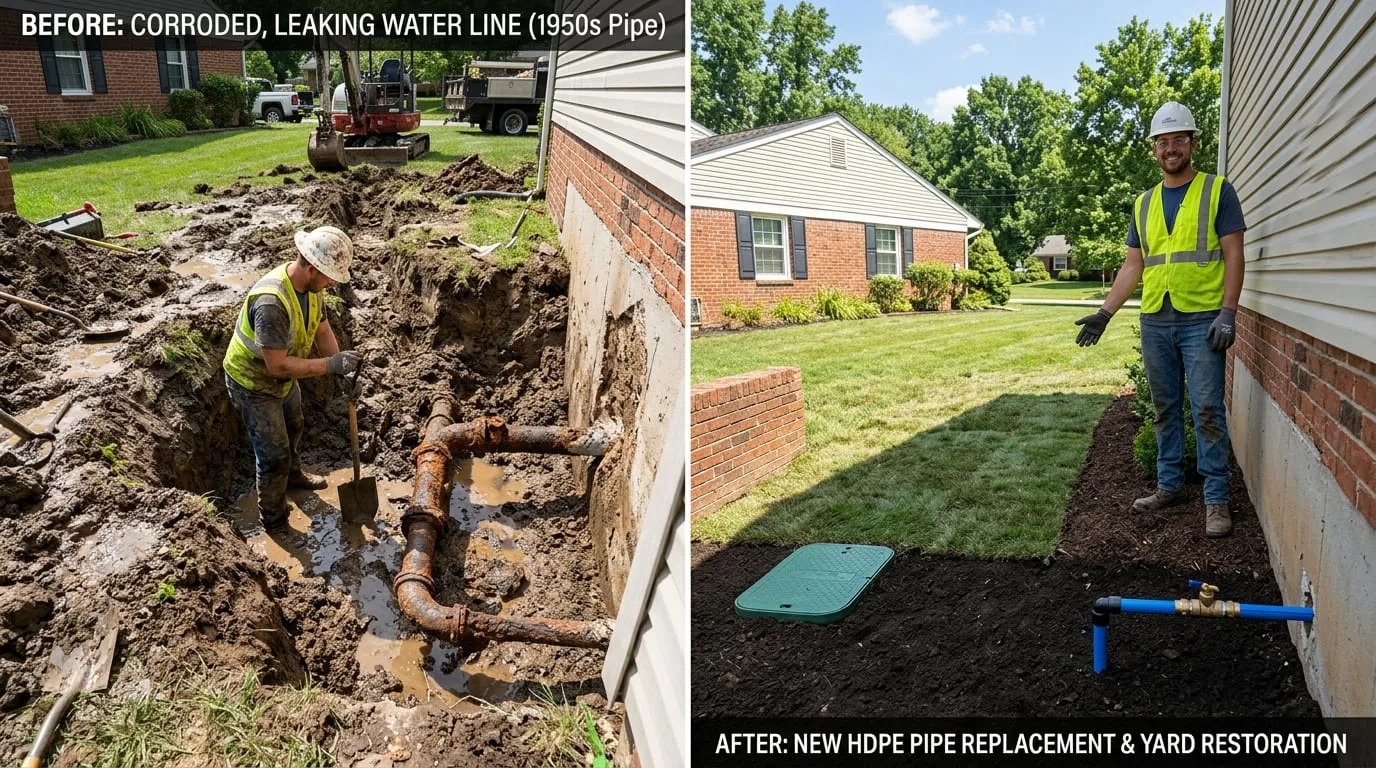 Water Line Replacement Yard Restoration Before After - Bonita Wood Plumbing Lakewood CO