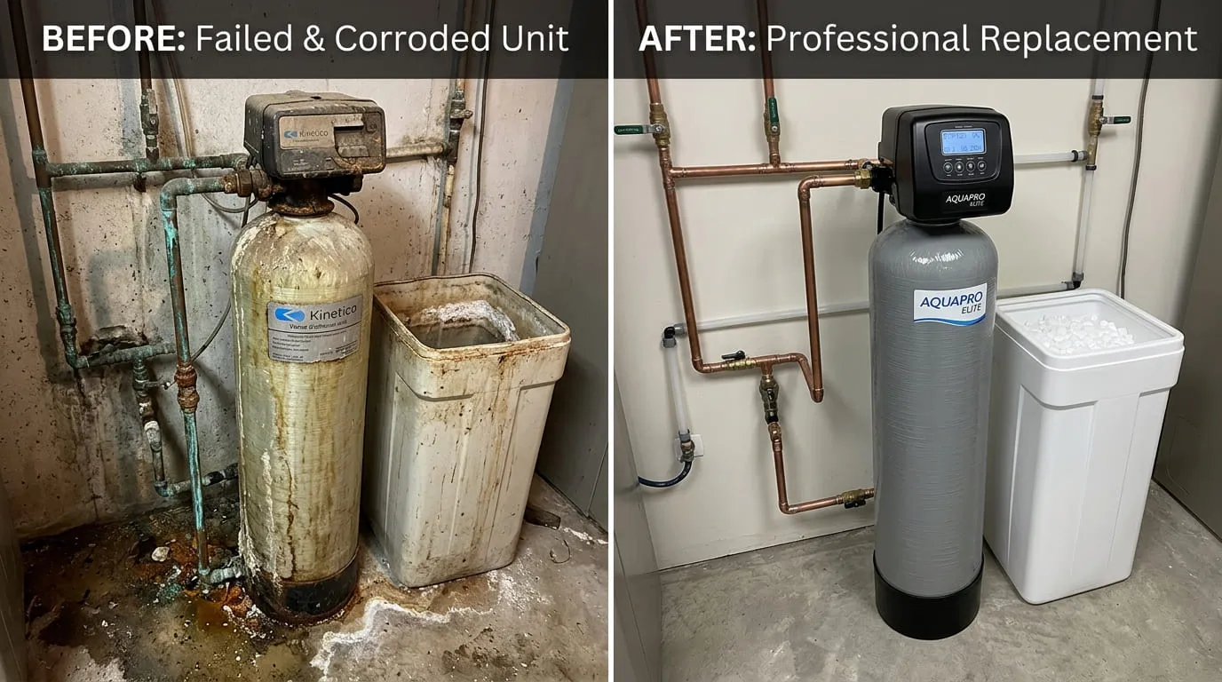 Water Softener Replacement Before and After - Bonita Wood Plumbing Lakewood CO